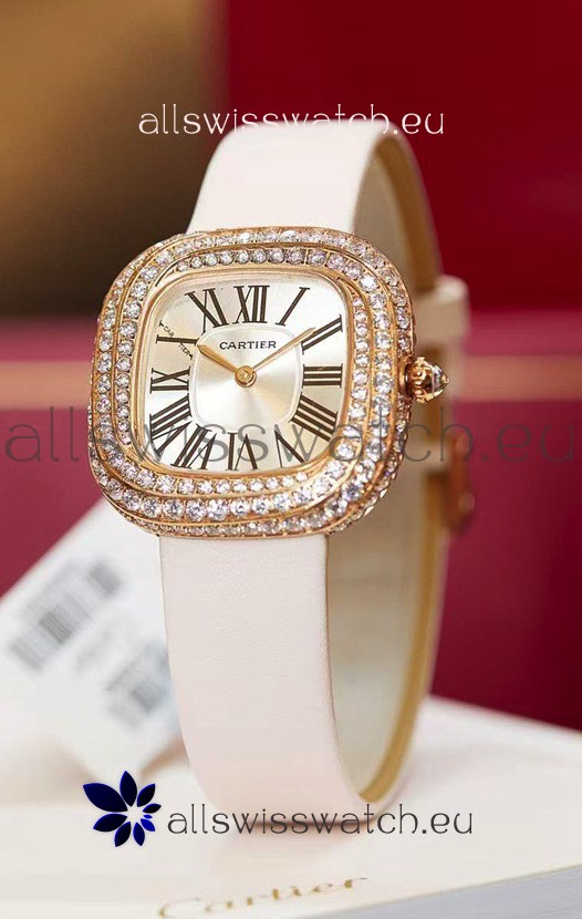 Coussin De Cartier Rose Gold Swiss Replica Watch White Strap 