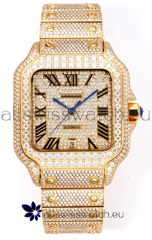 Cartier "Santos De Cartier" Yellow Gold W/ Diamonds Roman Dial 1:1 Mirror Replica - 40MM - Genuine Diamonds