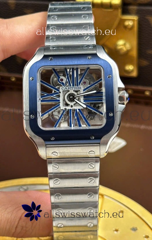 Santos De Cartier Super Clone Watch in Skeleton Dial Brushed Steel Casing Watch 