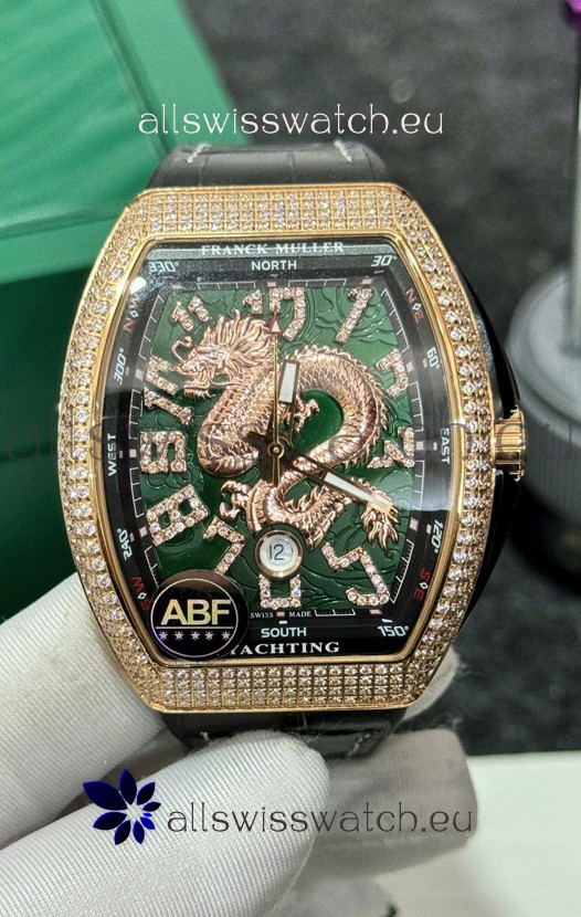Franck Muller Vanguard Yachting Dragon V45 Green Dial in Gold Diamonds Bezel Swiss Replica