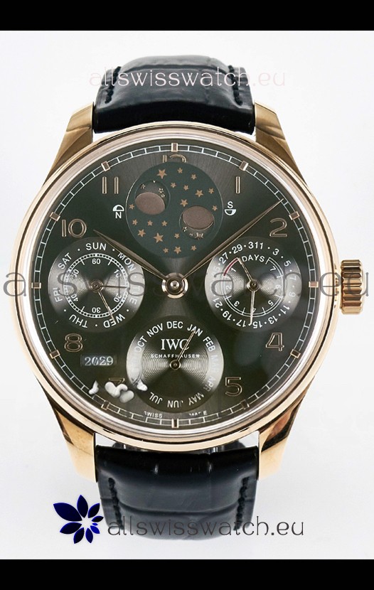 IWC Super Clone Portuguese Perpetual Calendar Rose Gold Grey Dial Replica Watch 