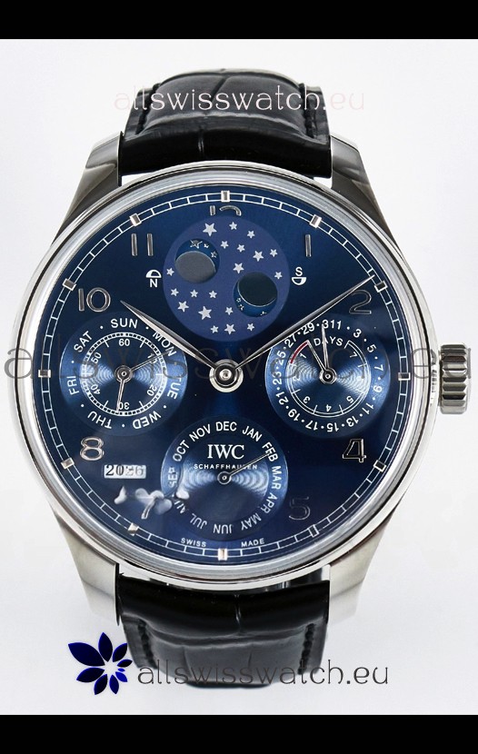 IWC Super Clone Portuguese Perpetual Calendar Stainless Steel Blue Dial Replica Watch 