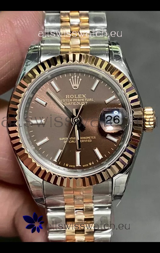 Rolex Datejust Super Clone Brown Dial 2 Tone Rose Gold Watch 28MM