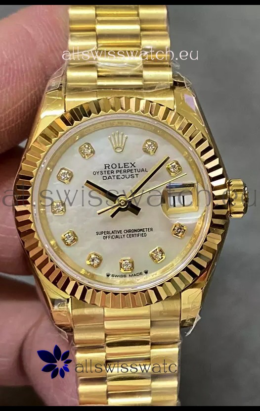 Rolex Datejust Super Clone Pearl Dial Yellow Gold Casing Watch 28MM