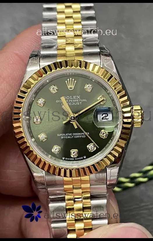 Rolex Datejust Super Clone Green Dial 2 Tone Yellow Rose Gold Watch 28MM