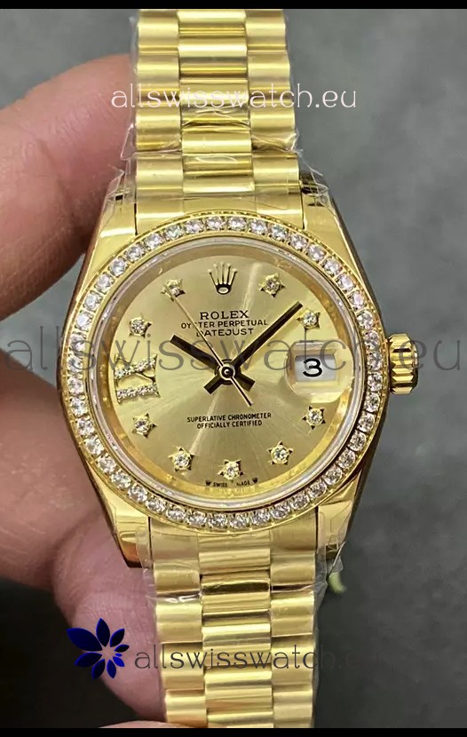 Rolex Datejust Super Clone Gold Dial Yellow Gold Casing Watch 28MM