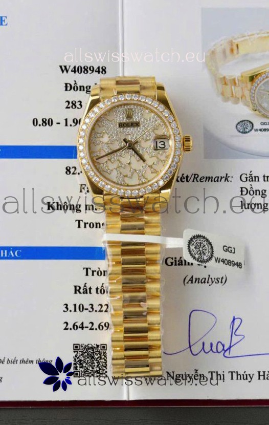 Rolex Datejust Super Clone Mossanites Butterfly Dial 31MM Yellow Gold Watch 