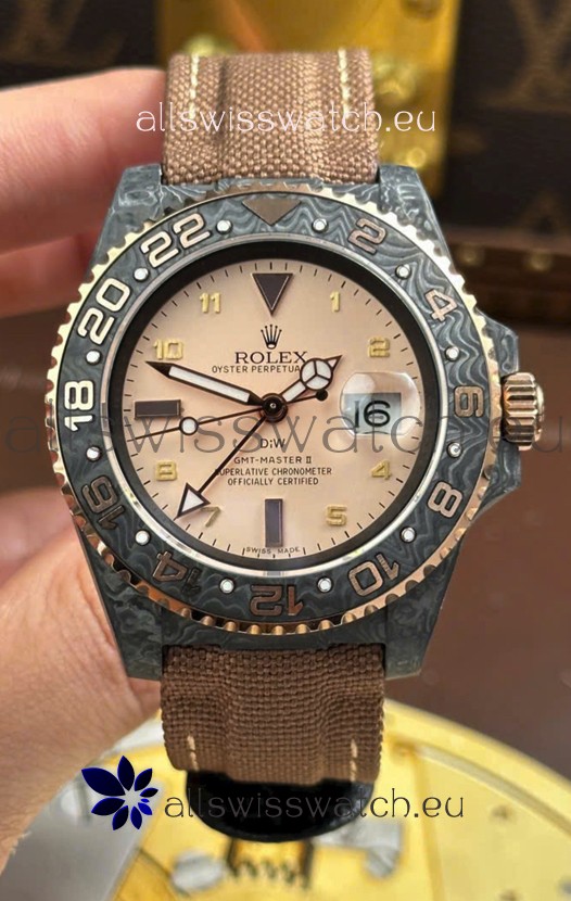 Rolex GMT Masters DiW Black Carbon Casing Swiss Replica Watch Beige Gray Dial 