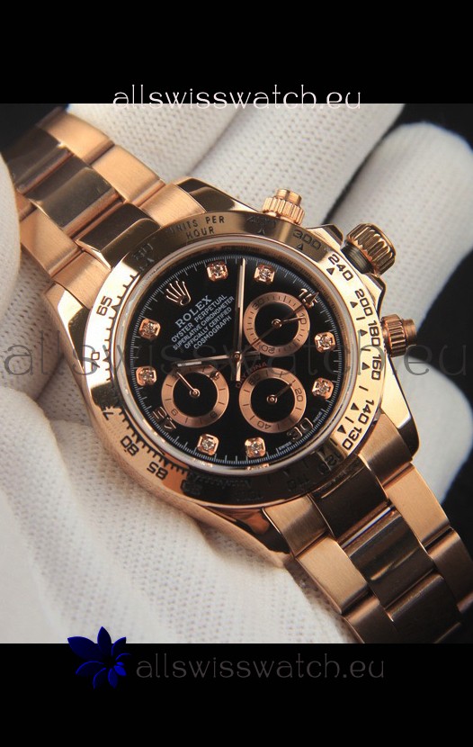 Rolex Daytona Japanese Movement Gold Casing Replica Watch in Black Dial 