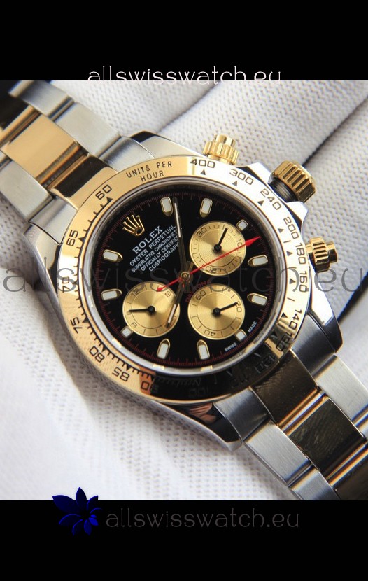 Rolex Daytona Japanese Movement Two Tone Gold Casing Watch in Black Dial 