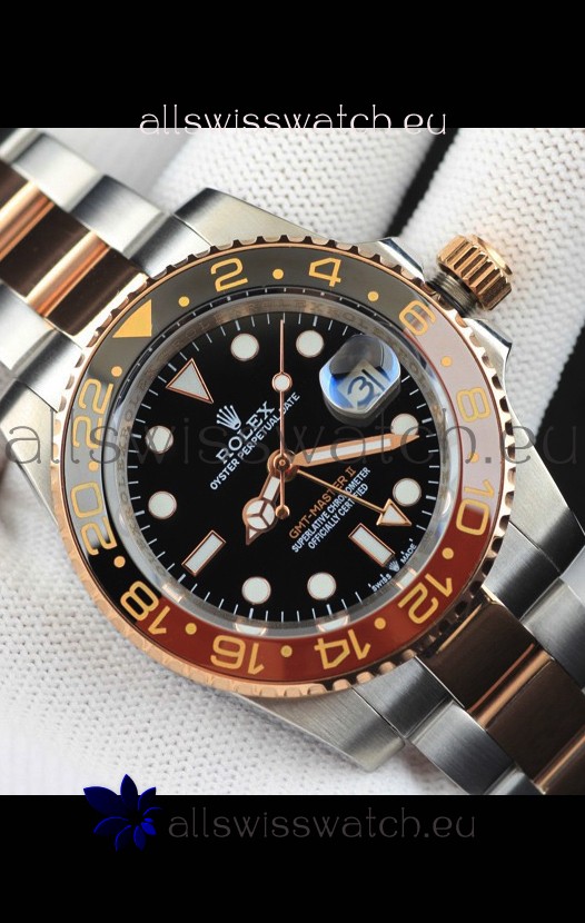 Rolex GMT Masters II 2 Tone Rose Gold Plating Japanese Replica Watch Black Dial