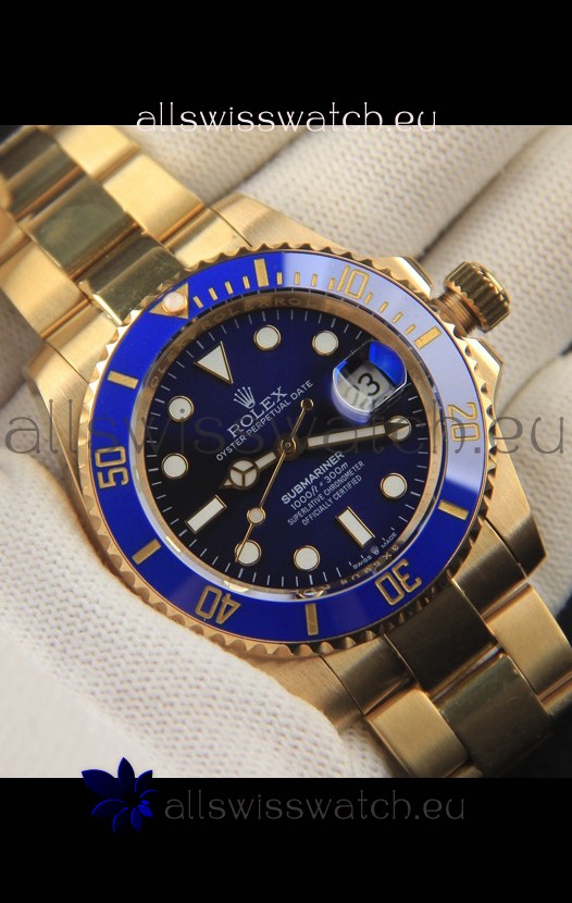 Rolex Submariner Japanese Replica Watch 904L Steel Yellow Gold - Ceramic Bezel in Blue