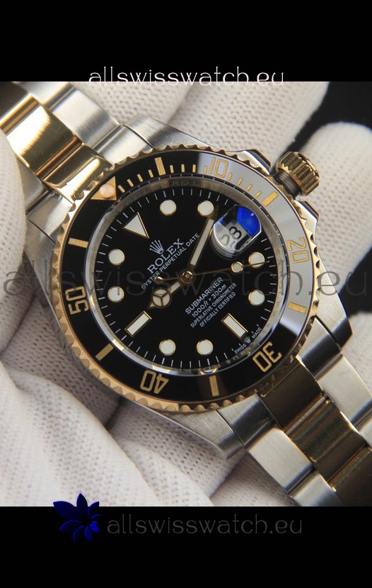 Rolex Submariner Japanese Replica Watch 904L 2 Tone Yellow Gold - Ceramic Bezel in Black