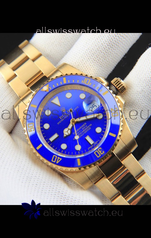 Rolex Submariner Japanese Replica Watch in Yellow Gold Casing Blue Dial 