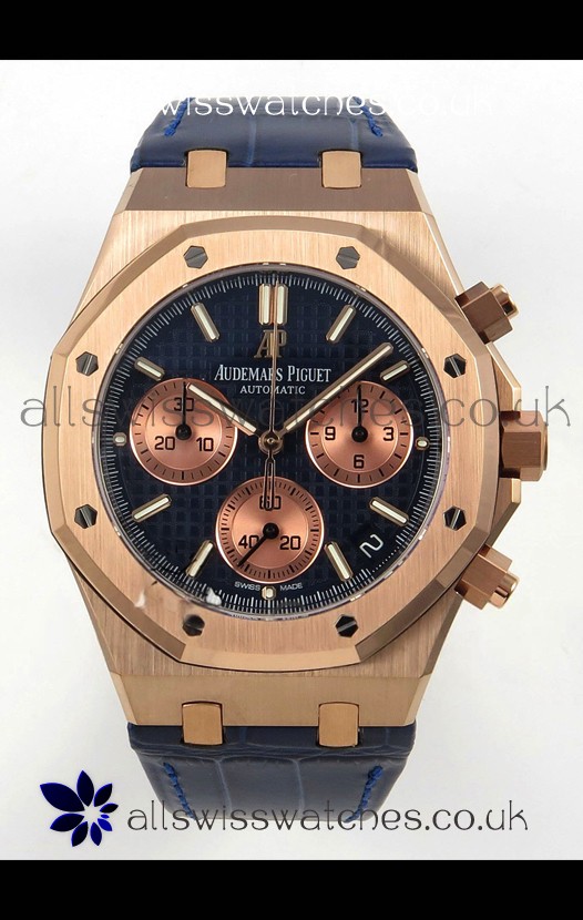 Royal Oak Chrono 26240 Rose Gold Blue Dial Leather Strap Super Clone Watch 