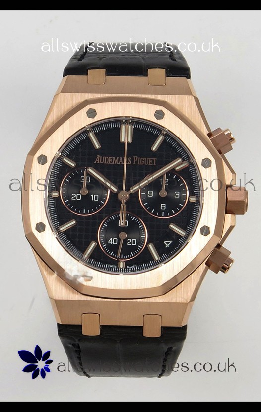 Royal Oak Chrono 26240 Rose Gold Black Dial Leather Strap Super Clone Watch 