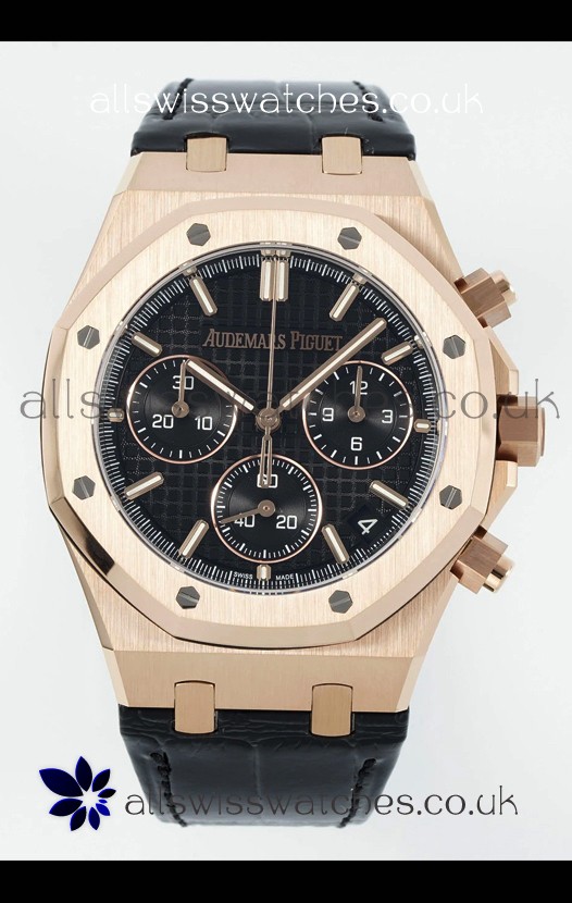 Royal Oak Chrono 26240 Rose Gold Black Dial Leather Strap Super Clone Watch 
