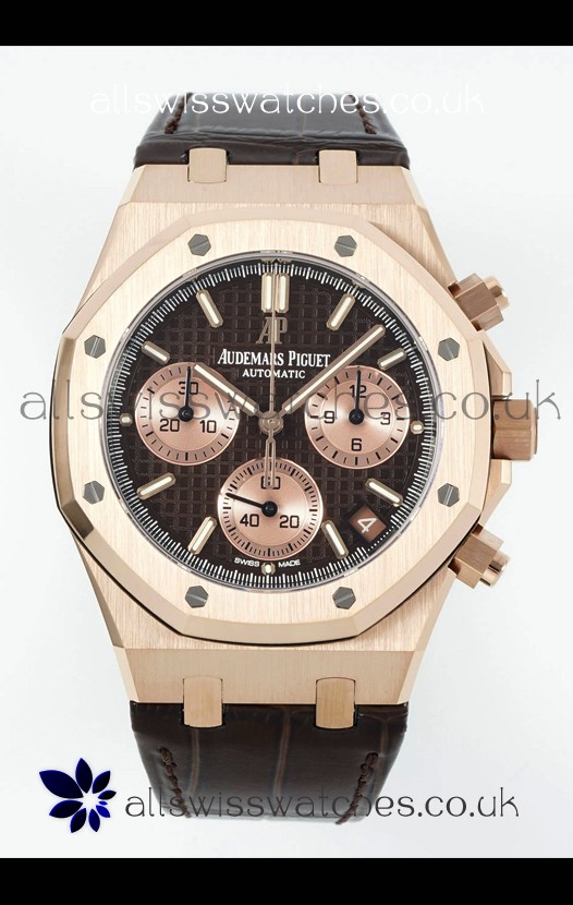 Royal Oak Chrono 26240 Rose Gold Brown Dial Leather Strap Super Clone Watch 
