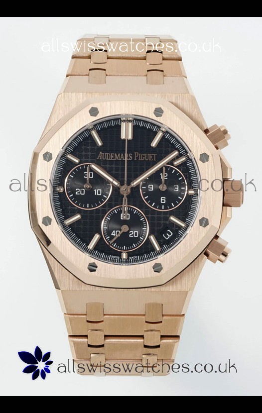 Royal Oak Chrono 26240 Rose Gold Strap in Black Dial Super Clone Watch 
