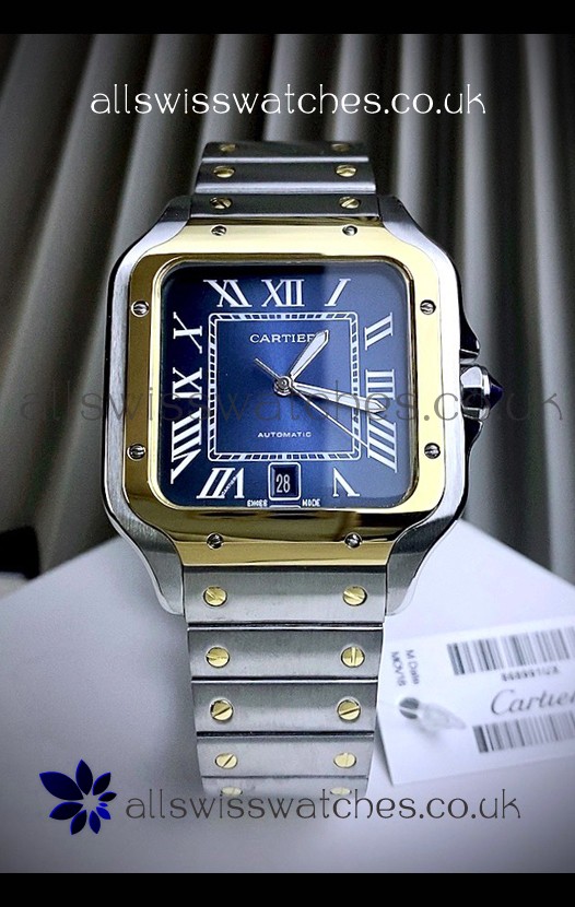 Cartier Santos De Cartier 904L Steel Blue Dial Two Tone Swiss Replica Watch 