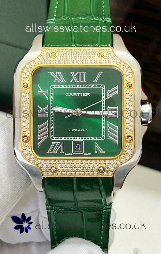 Cartier Santos De Cartier Green Dial Diamonds Two Tone Swiss Replica Watch 
