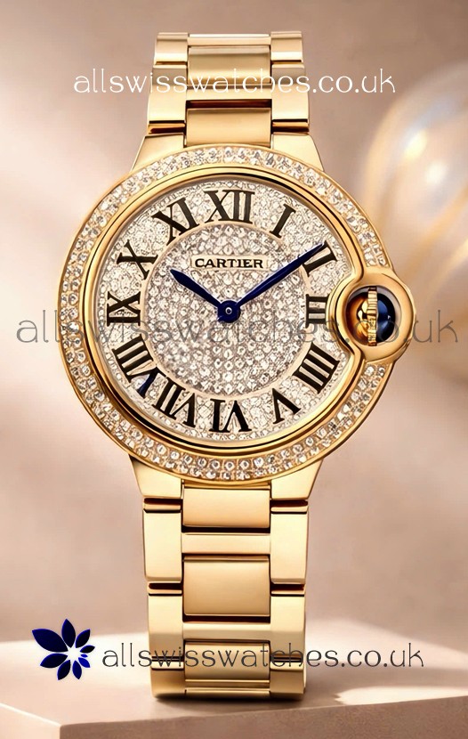 Ballon De Cartier Swiss Quartz 33MM Rose Gold Diamonds Super Clone Watch 