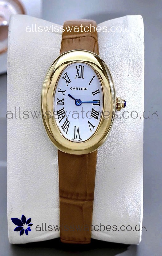 Cartier Baignoire Yellow Gold 23MM Super Clone Watch Brown Strap