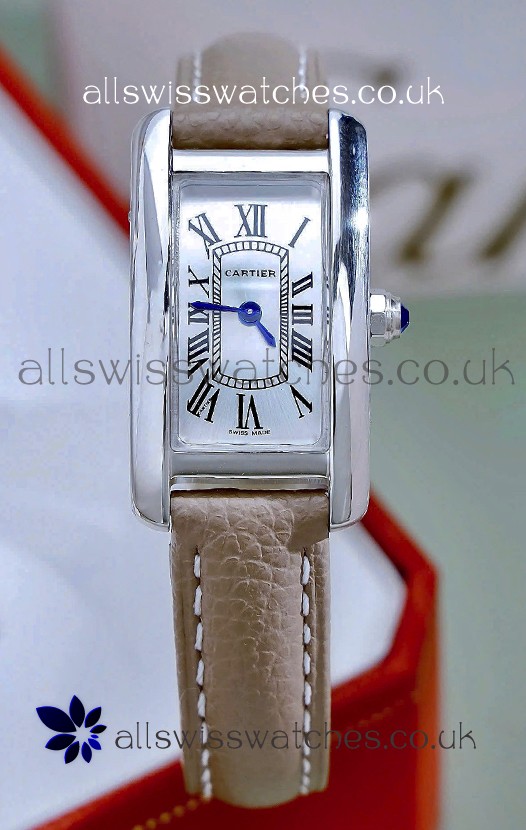 Cartier Tank Americaine Steel 19.4MM Beige Strap Swiss Quartz Watch 