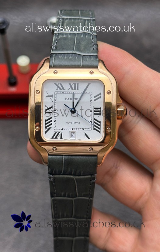 Cartier Santos De Cartier Rose Gold Grey Leather Strap Super Clone Watch 