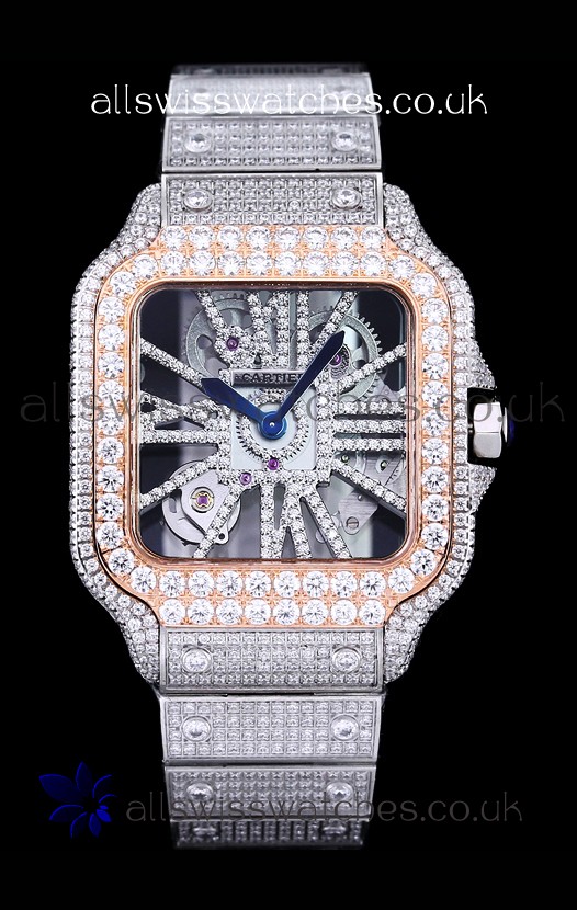 Cartier "Santos De Cartier" Skeleton moissanite Paved Super Clone Watch 