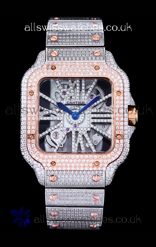Cartier "Santos De Cartier" Skeleton moissanite Paved Super Clone Watch 