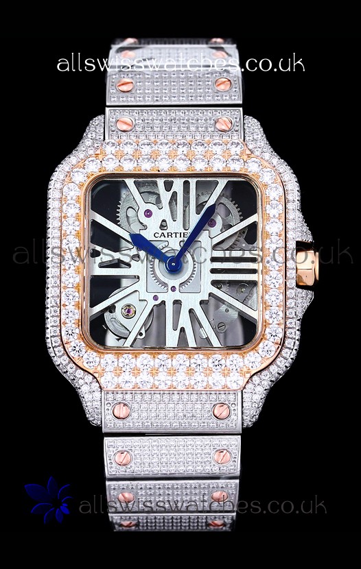 Cartier "Santos De Cartier" Skeleton moissanite Paved Super Clone Watch 