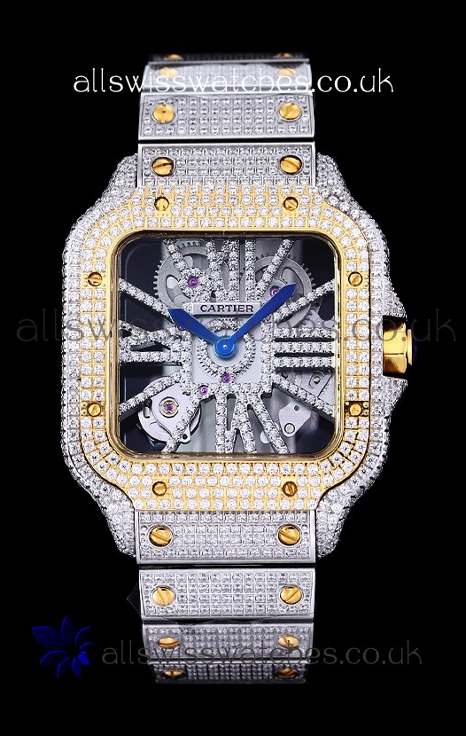 Cartier "Santos De Cartier" Skeleton moissanite Paved Super Clone Watch 