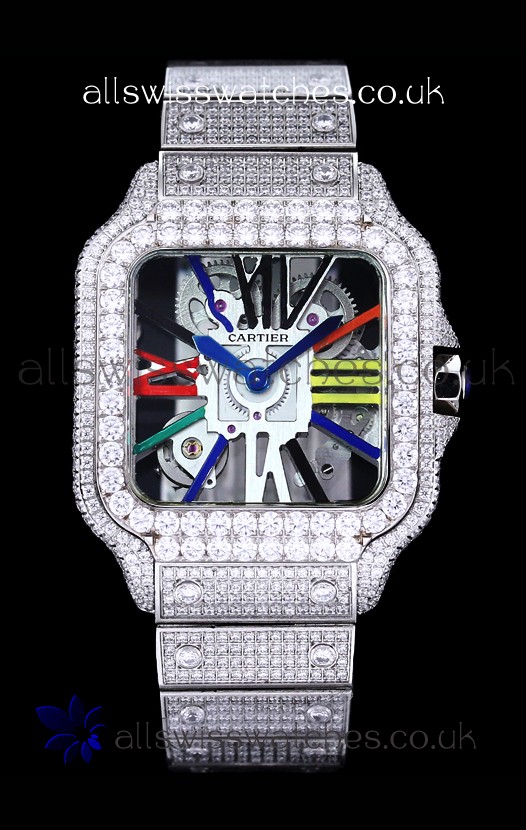 Cartier "Santos De Cartier" Skeleton moissanite Paved Super Clone Watch 