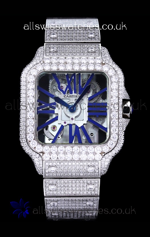 Cartier "Santos De Cartier" Skeleton moissanite Paved Super Clone Watch 