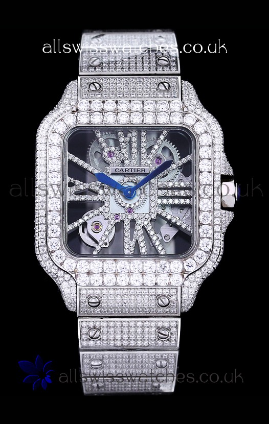 Cartier "Santos De Cartier" Skeleton moissanite Paved Super Clone Watch 