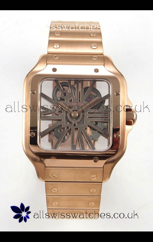 Cartier Santos Rose Gold Skeleton Dial Super Clone Watch 