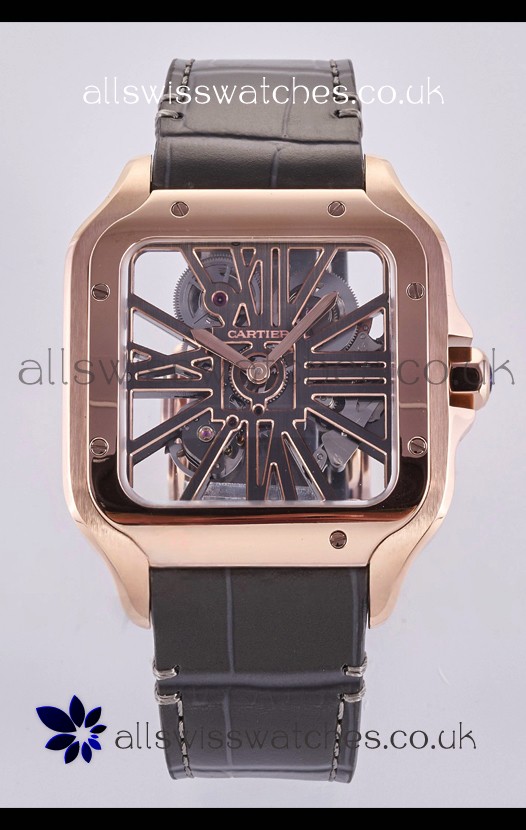 Santos De Cartier Super Clone Watch in Skeleton Dial Rose Gold Case