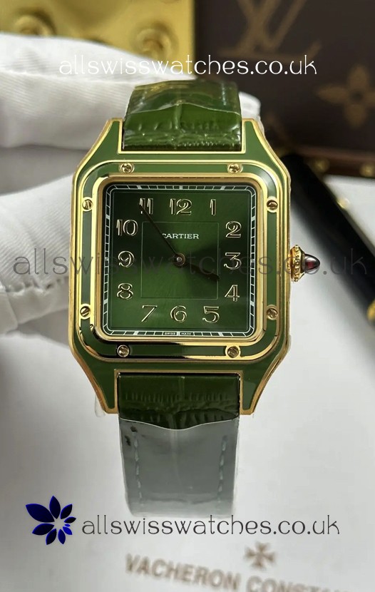 Santos Dumont 31MM Yellow Gold Green Dial Super Clone Watch 