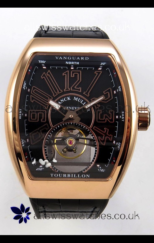 Franck Muller V45 Tourbillon Rose Gold Black Dial Brown Leather Super Clone Watch 