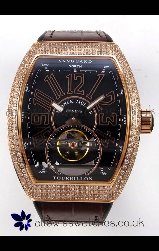 Franck Muller V45 Tourbillon Rose Gold Diamonds Brown Strap Super Clone Watch 