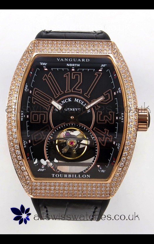 Franck Muller V45 Tourbillon Rose Gold Diamonds Black Strap Super Clone Watch 