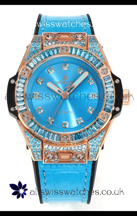 Hublot Big Bang One Click moissanite Rose Gold Super Clone Watch Blue Dial 