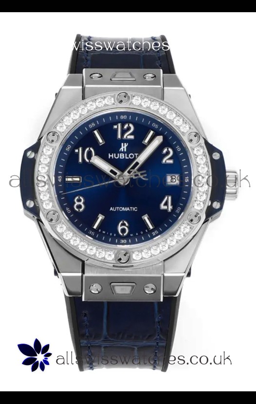 Hublot Big Bang One Click moissanite Bezel Super Clone Watch Blue Dial