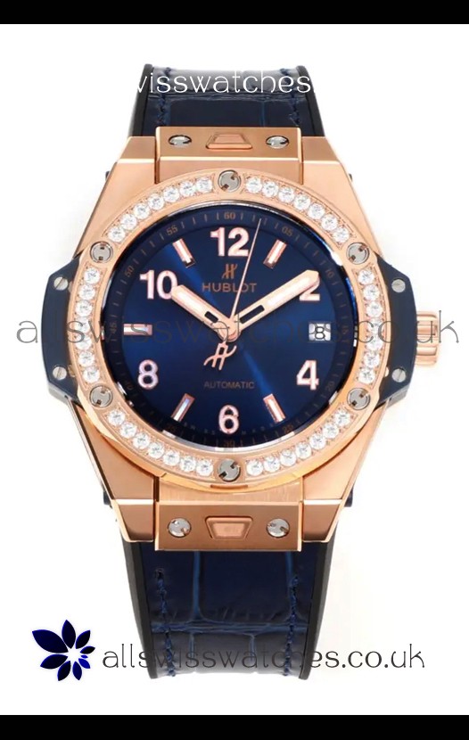 Hublot Big Bang One Click moissanite Bezel Rose Gold Super Clone Watch Blue Dial