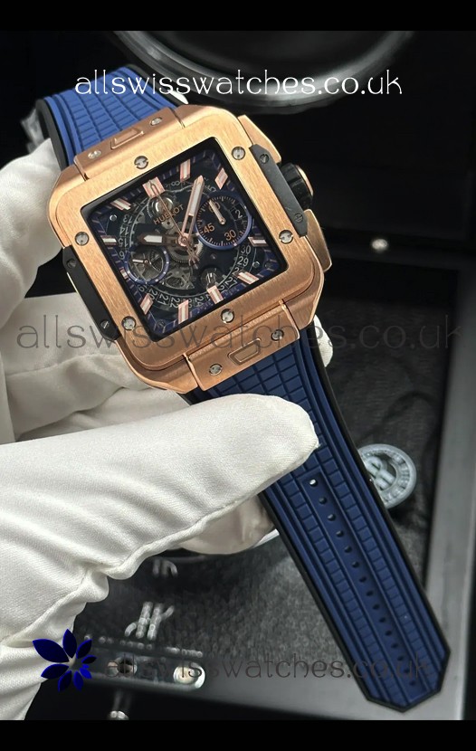 Hublot Square Bang Unico Rose Gold Case Blue Super Clone Watch 