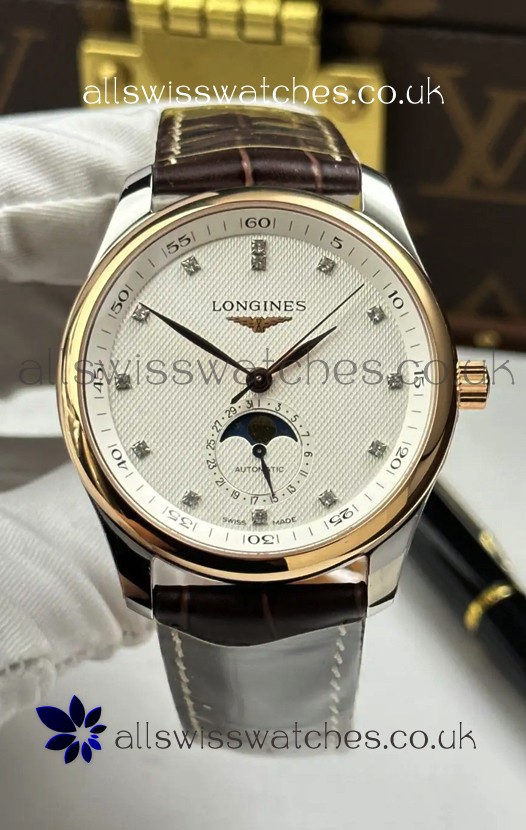 Longines Master Automatic Moonphase White Dial Rose Gold Super Clone Watch 