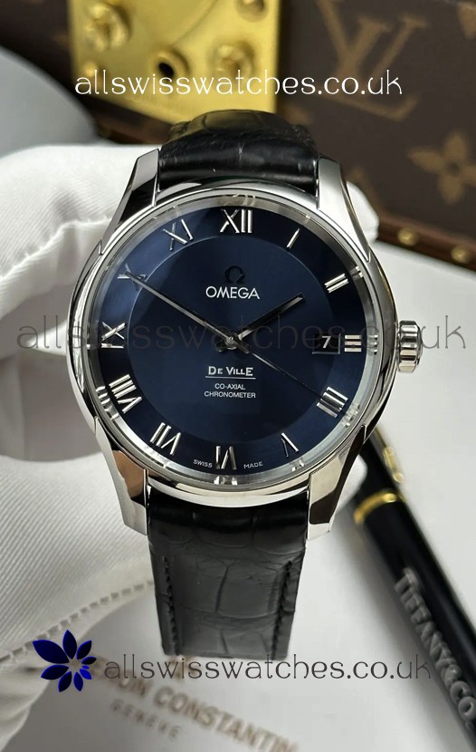 Omega De Ville Co-Axial 41MM Blue Dial Leather Strap Super Clone Watch 