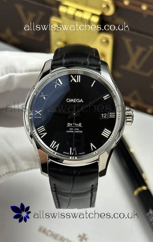 Omega De Ville Co-Axial 41MM Black Dial Leather Strap Super Clone Watch 