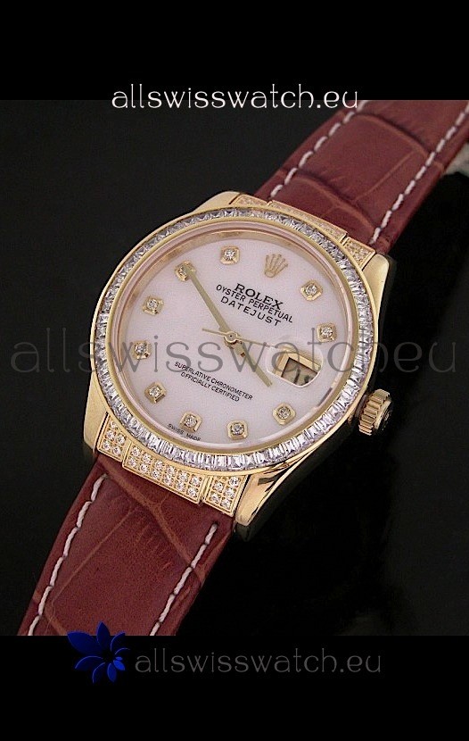 Rolex DateJust Swiss Mens Replica Yellow Gold Watch in White Mother of Pearl Dial